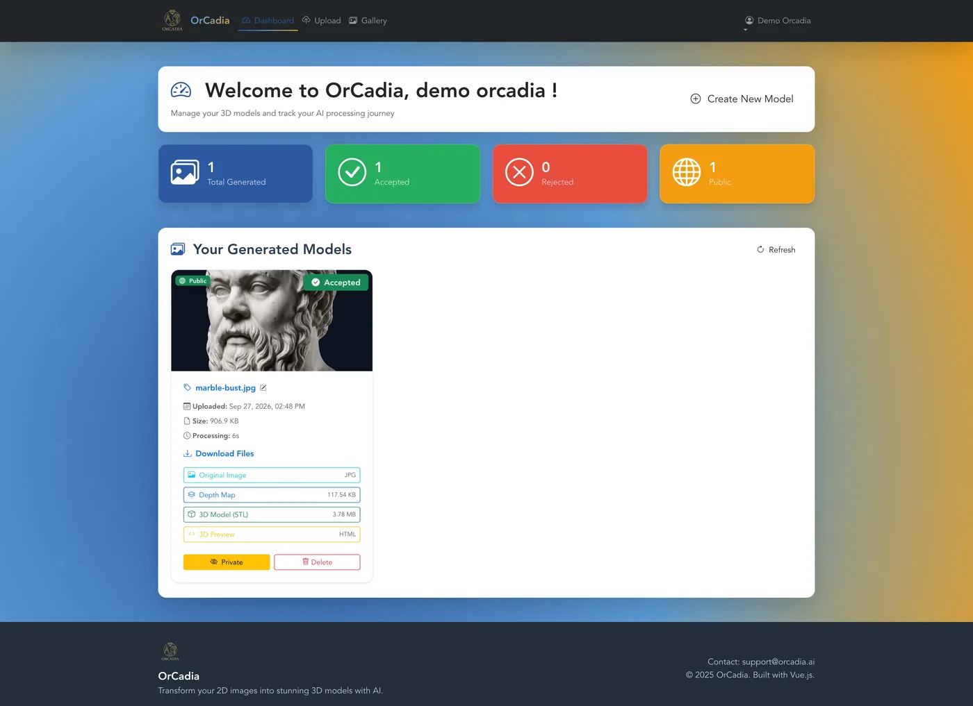 Orcadia-Dashboard mit einem erzeugten Modell und seinen Dateien